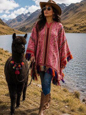 Vintage Andean Pink Poncho – Handwoven Peruvian Wool Cape with Traditional Inca